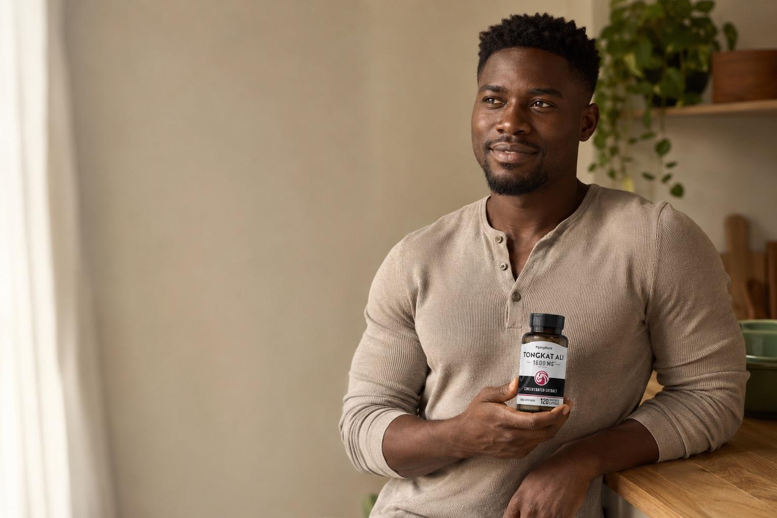 A Ghanaian man holding a Tongkat Ali supplement, relaxed at a warm kitchen counter
