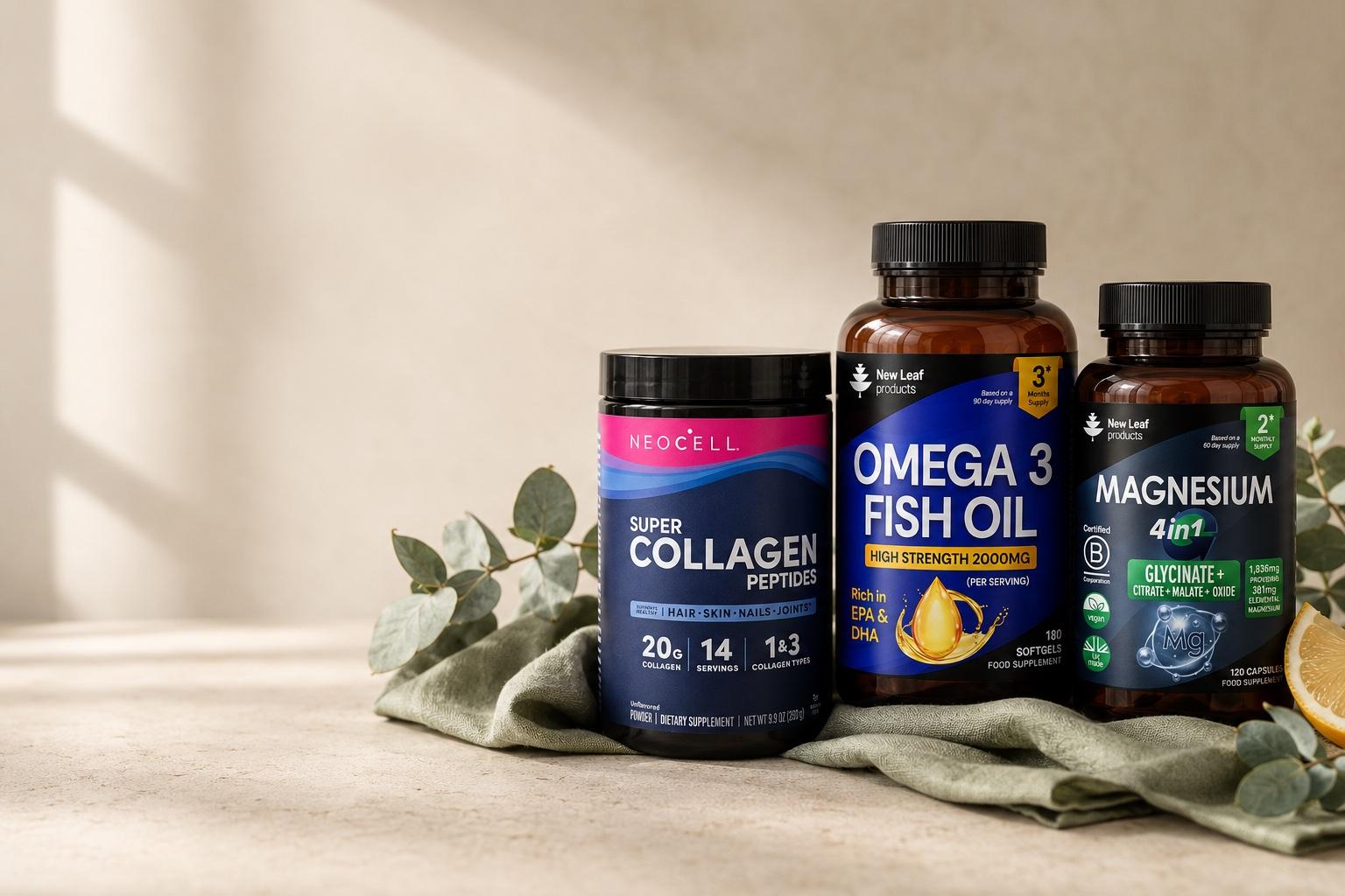 A still life of genuine Shezuri supplements on warm stone with sage linen and eucalyptus