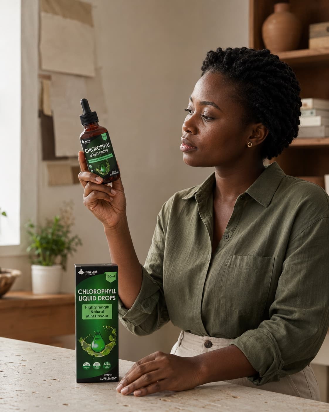 Ghanaian woman examining a sealed New Leaf Chlorophyll Liquid Drops bottle