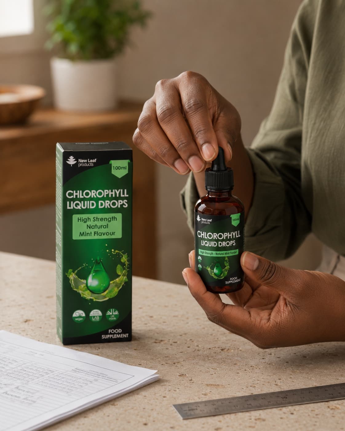 Hands checking the seal on a New Leaf Chlorophyll Liquid Drops bottle beside its original carton