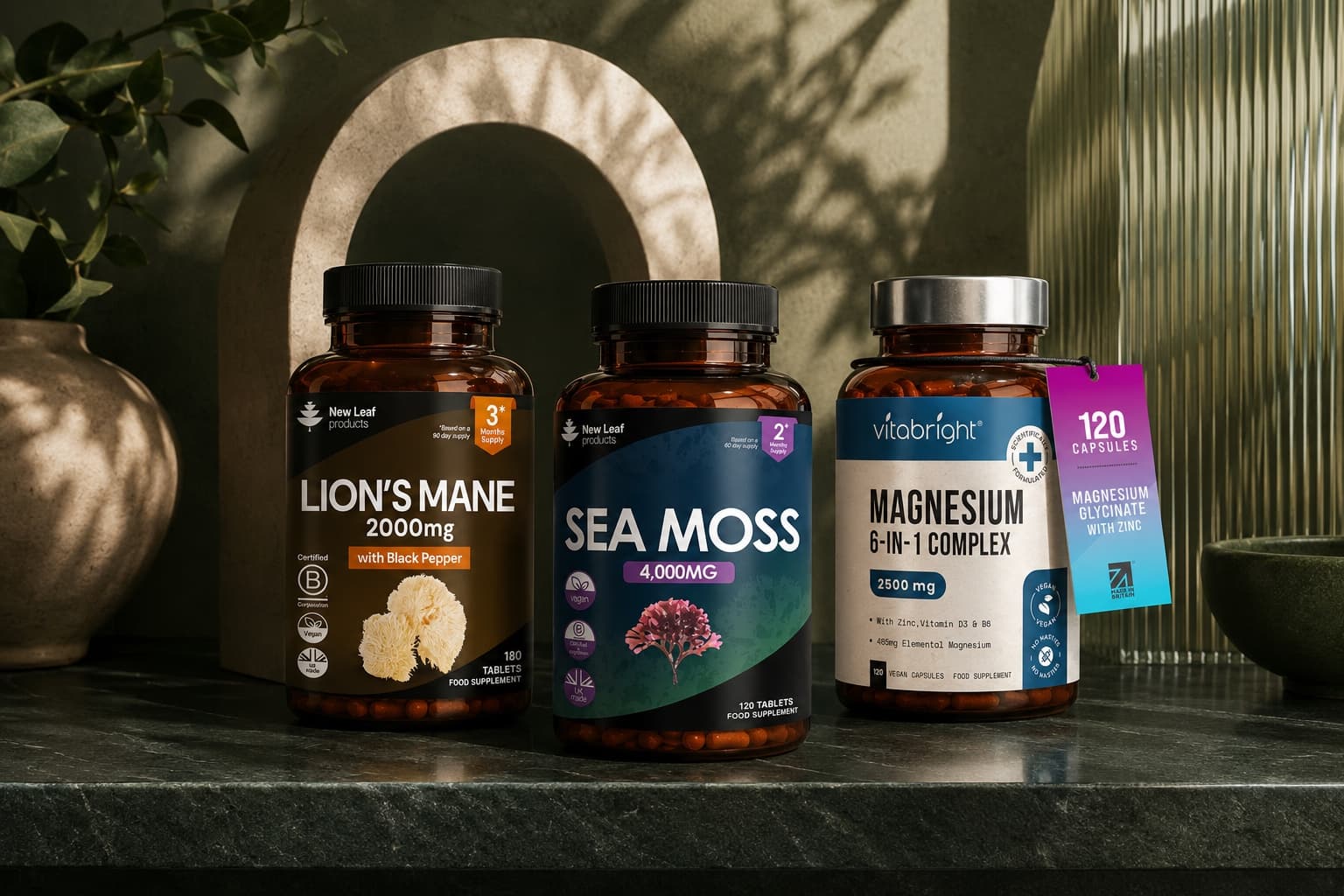 Lion's mane, sea moss and magnesium arranged together in the Shezuri green apothecary