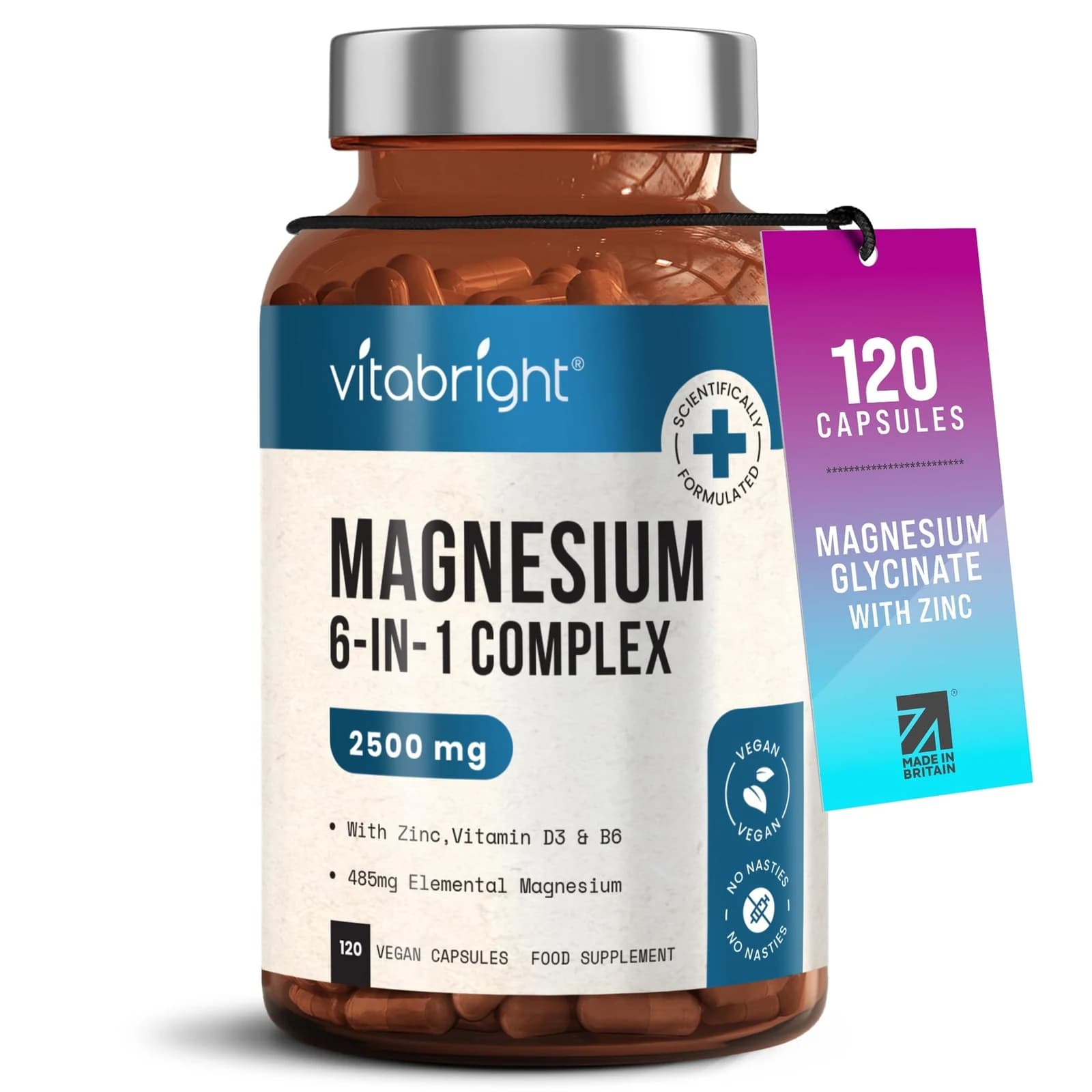 Magnesium Glycinate 6-in-1 Complex 2500mg, 485mg Elemental, with Zinc, Vitamin D3 & B6, Citrate, Bisglycinate, Malate