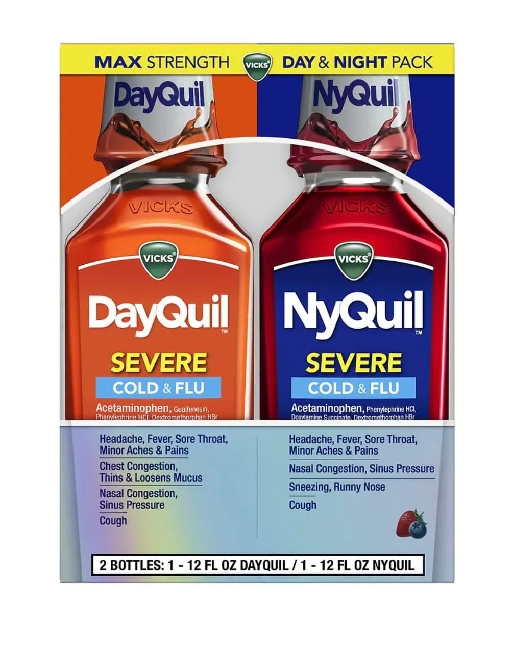 Vicks DayQuil & NyQuil Severe Cold & Flu Max Strength Day & Night Pack 2 Bottles 12 FL OZ Each