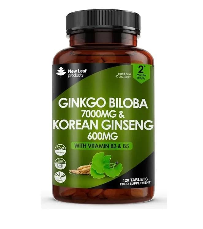 New Leaf Ginkgo Biloba 7000mg & Korean Ginseng 600mg with Vitamin B3 & B5 120 Tablets
