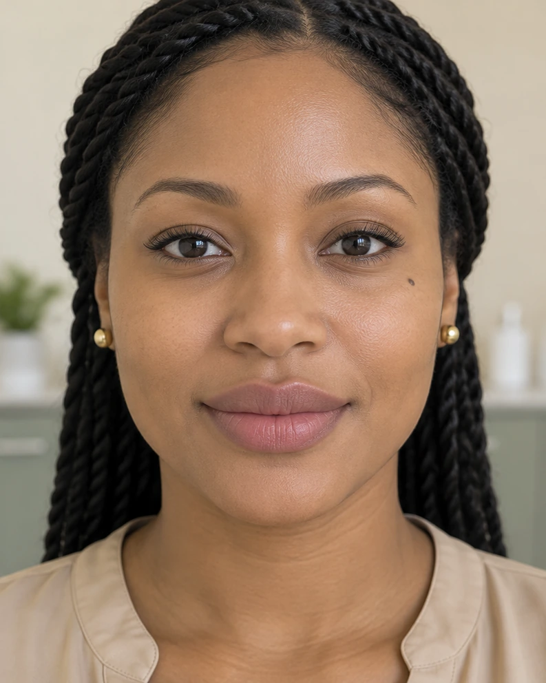 Illustrated lip-filler after view: a woman with twists and visibly fuller lips, keeping the same gentle smile